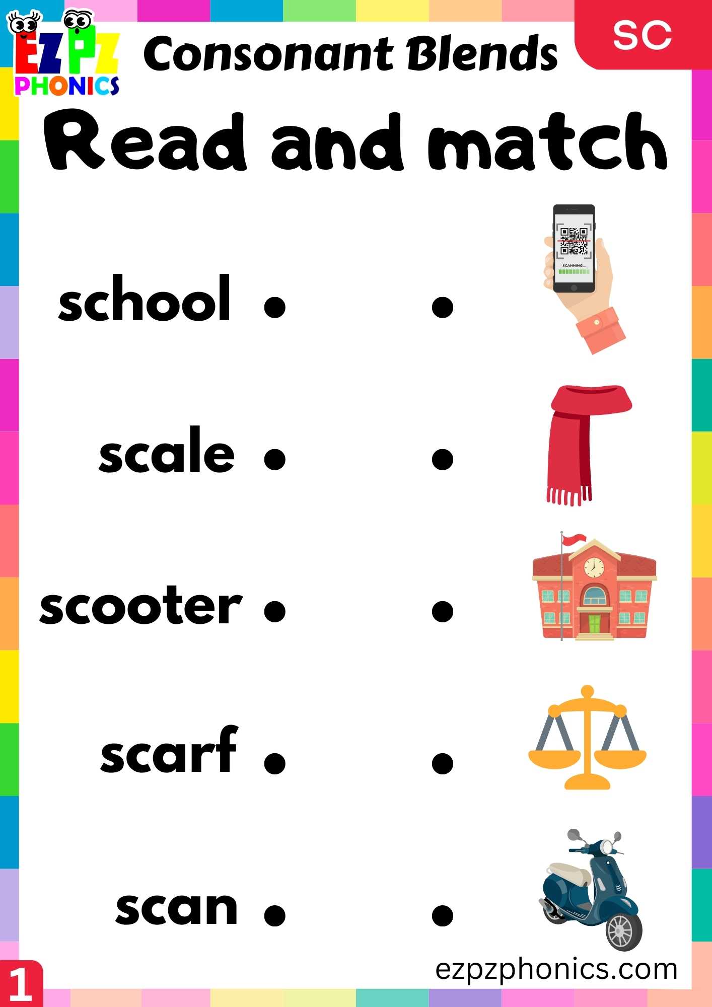 Group1 SC Words Read And Match Phonics Consonant Blends Worksheet